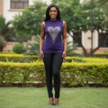 Nigerian female model wearing purple heart rhinestone sleeveless top - front view