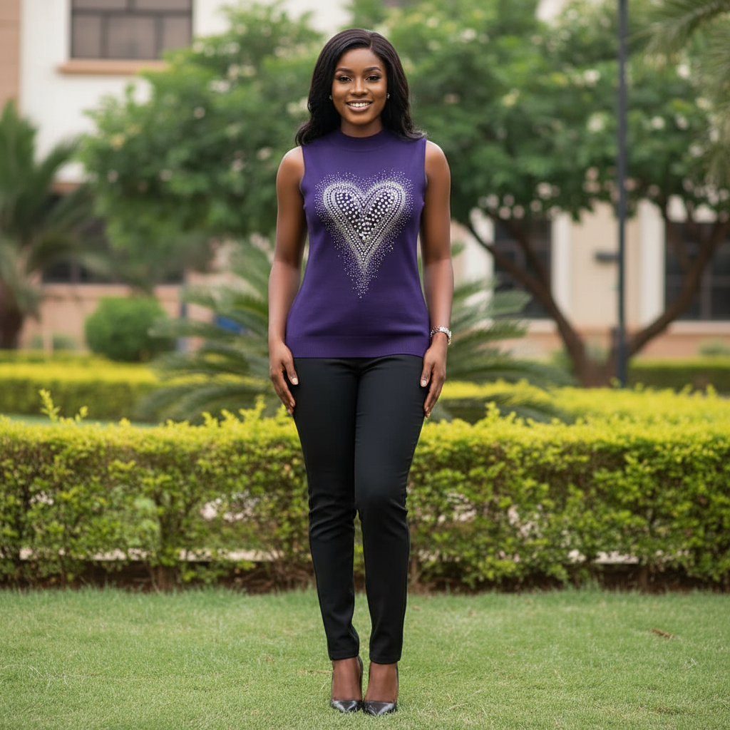 Nigerian female model wearing purple heart rhinestone sleeveless top - front view