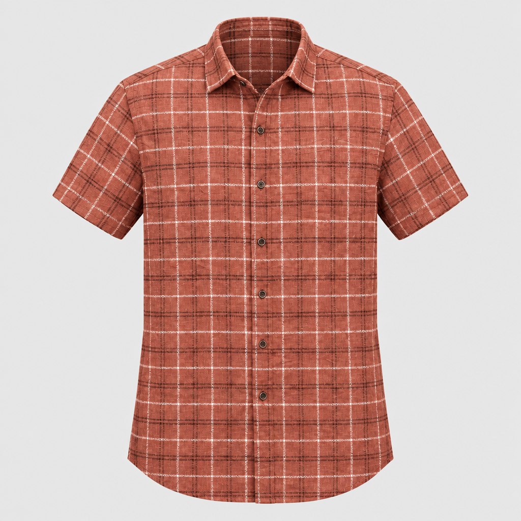 Rust checked short-sleeve shirt ghost mannequin front view