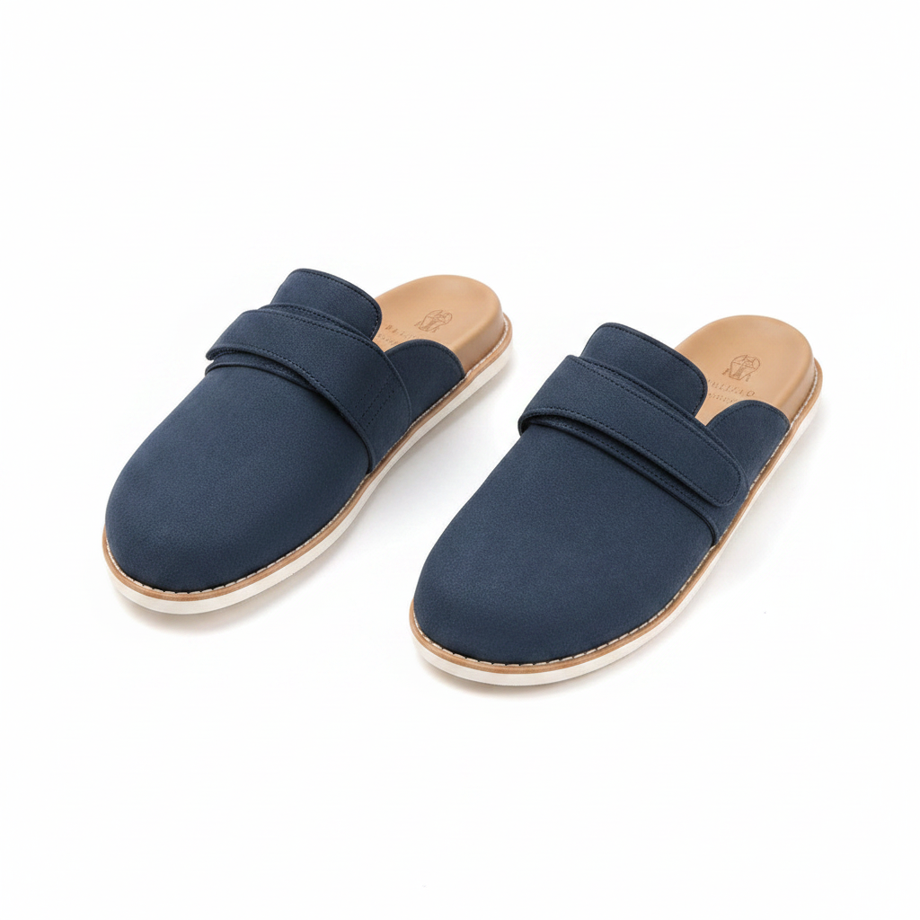 Men's navy suede closed-toe mule slipper with tan insole ghost mannequin pair
