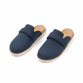 Men's navy suede closed-toe mule slipper with tan insole ghost mannequin pair