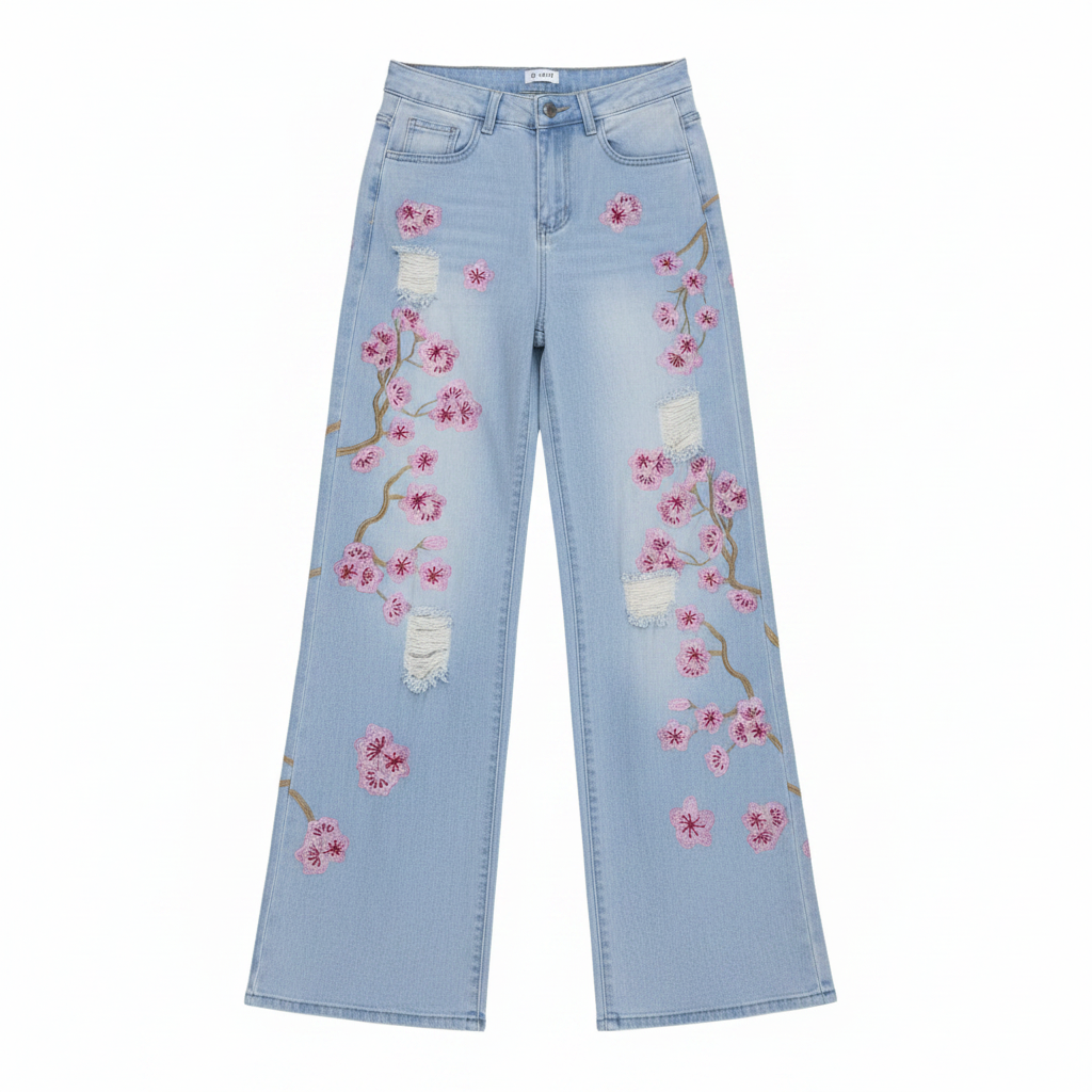 Women's cherry blossom embroidered ripped wide-leg jeans – ghost mannequin front view