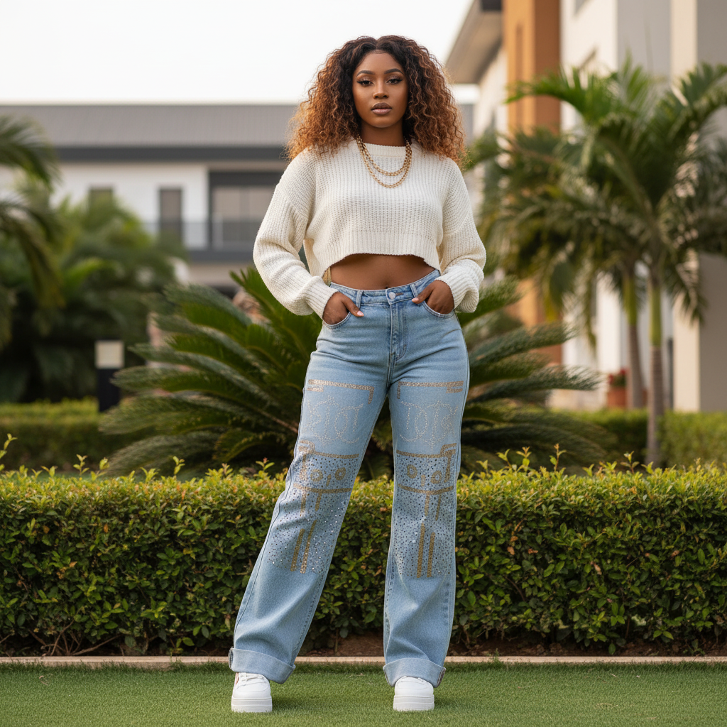 Women's light blue wide-leg flare jeans with sequin palm embellishment — Nigerian female model lifestyle shot