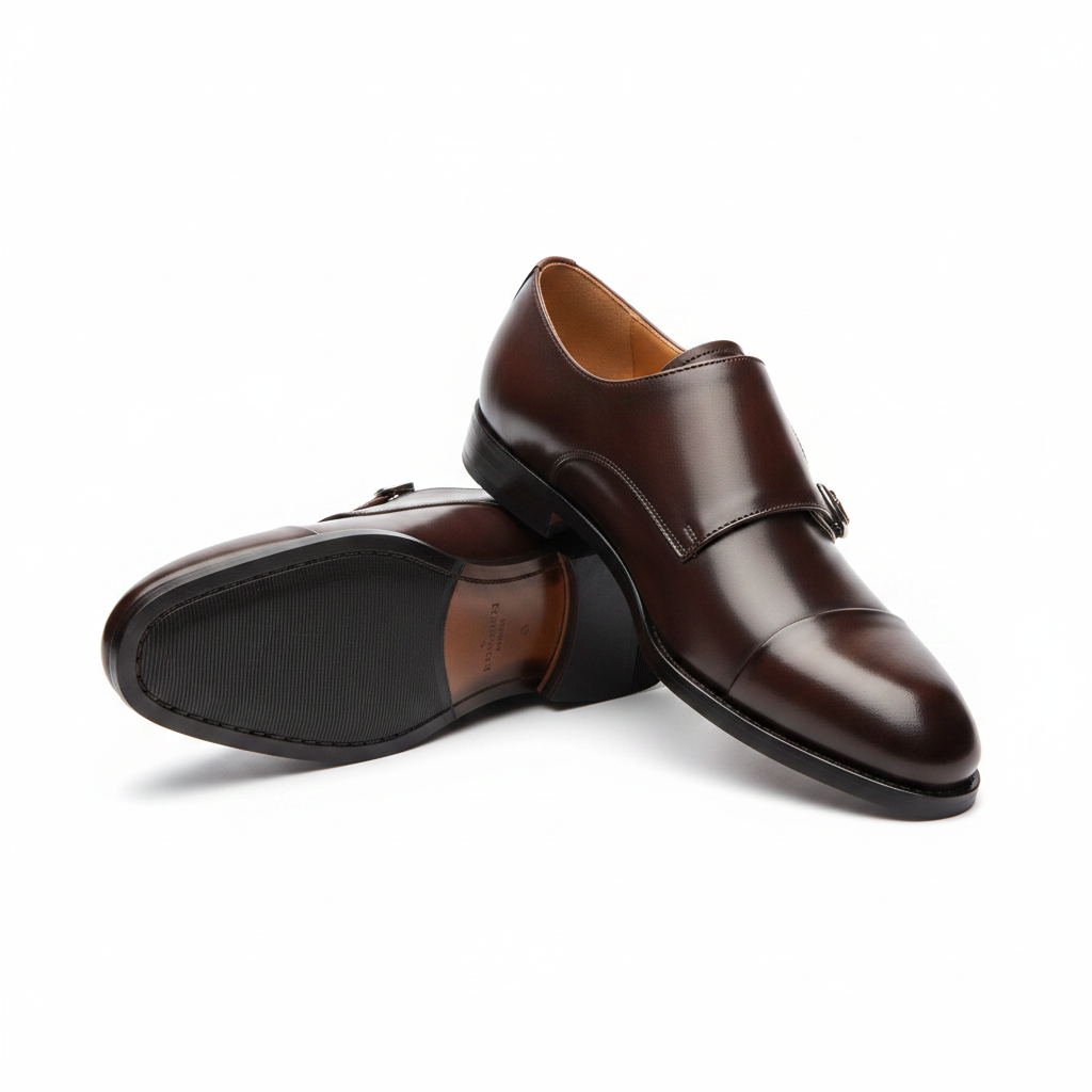 Dark chocolate brown polished leather double monk strap dress shoe ghost mannequin product shot, plain white background
