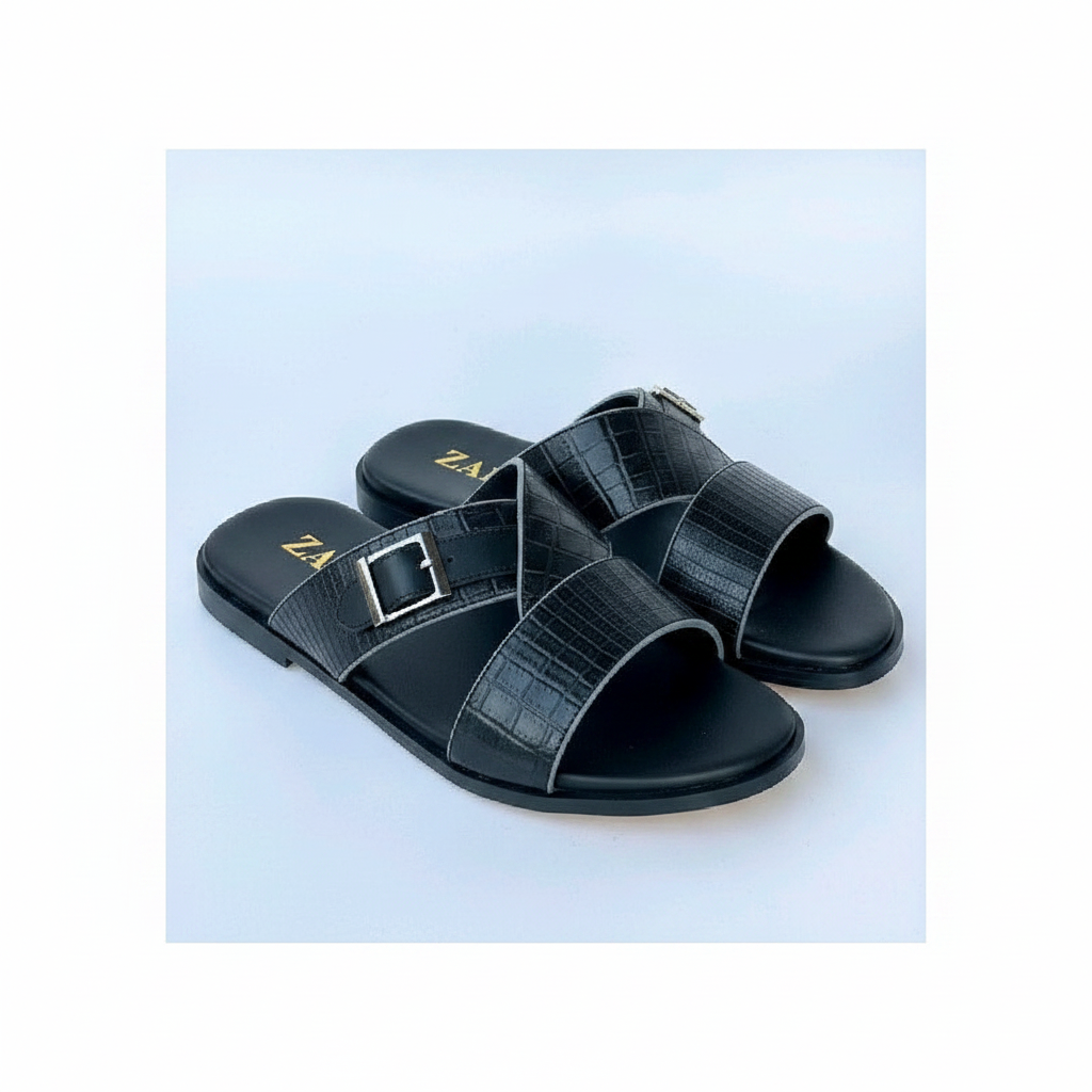 Men's black croc-embossed cross-strap slide slipper — ghost mannequin view