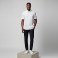 Nigerian male model wearing white and navy blue pinstripe short-sleeved shirt