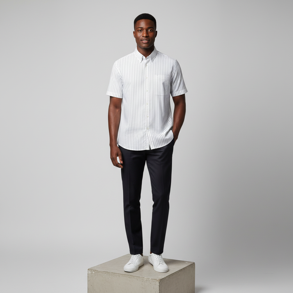 Nigerian male model wearing white and navy blue pinstripe short-sleeved shirt