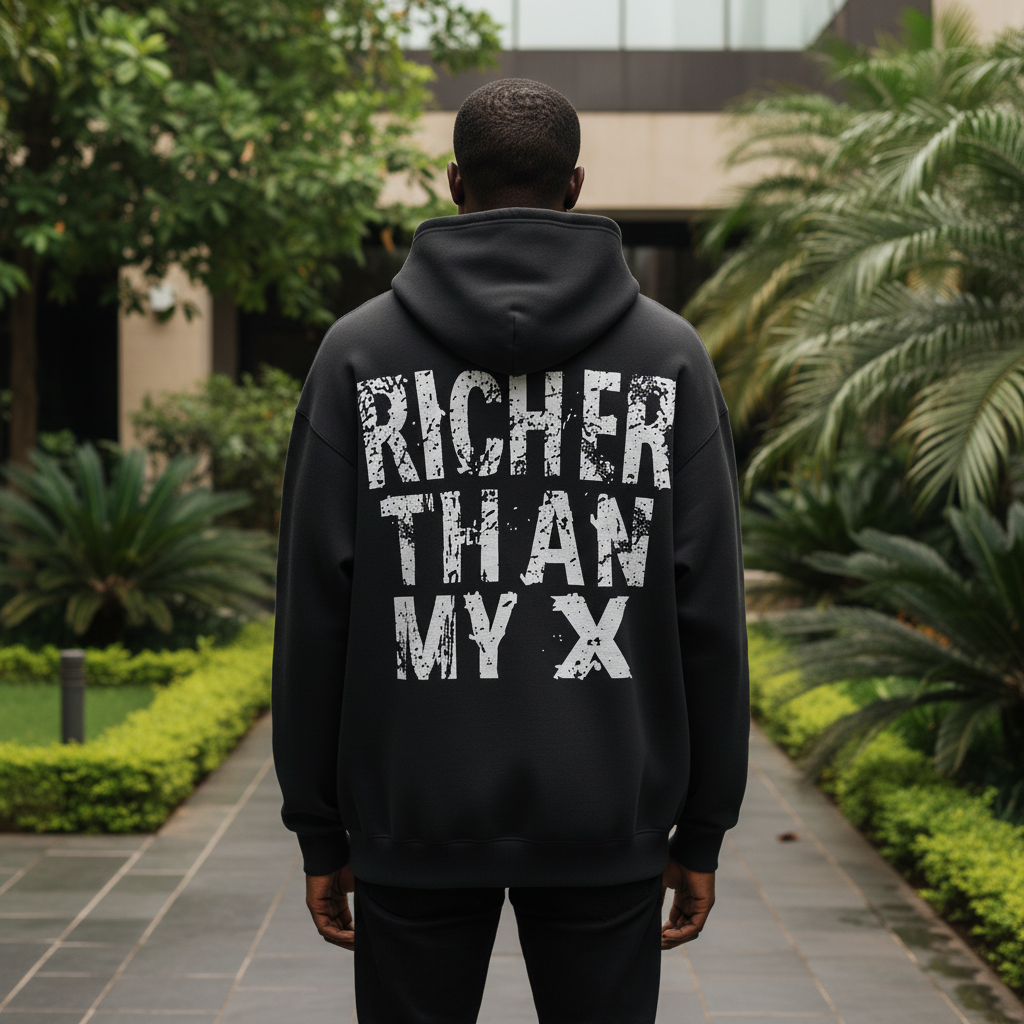 Black slogan hoodie back view on Nigerian male model