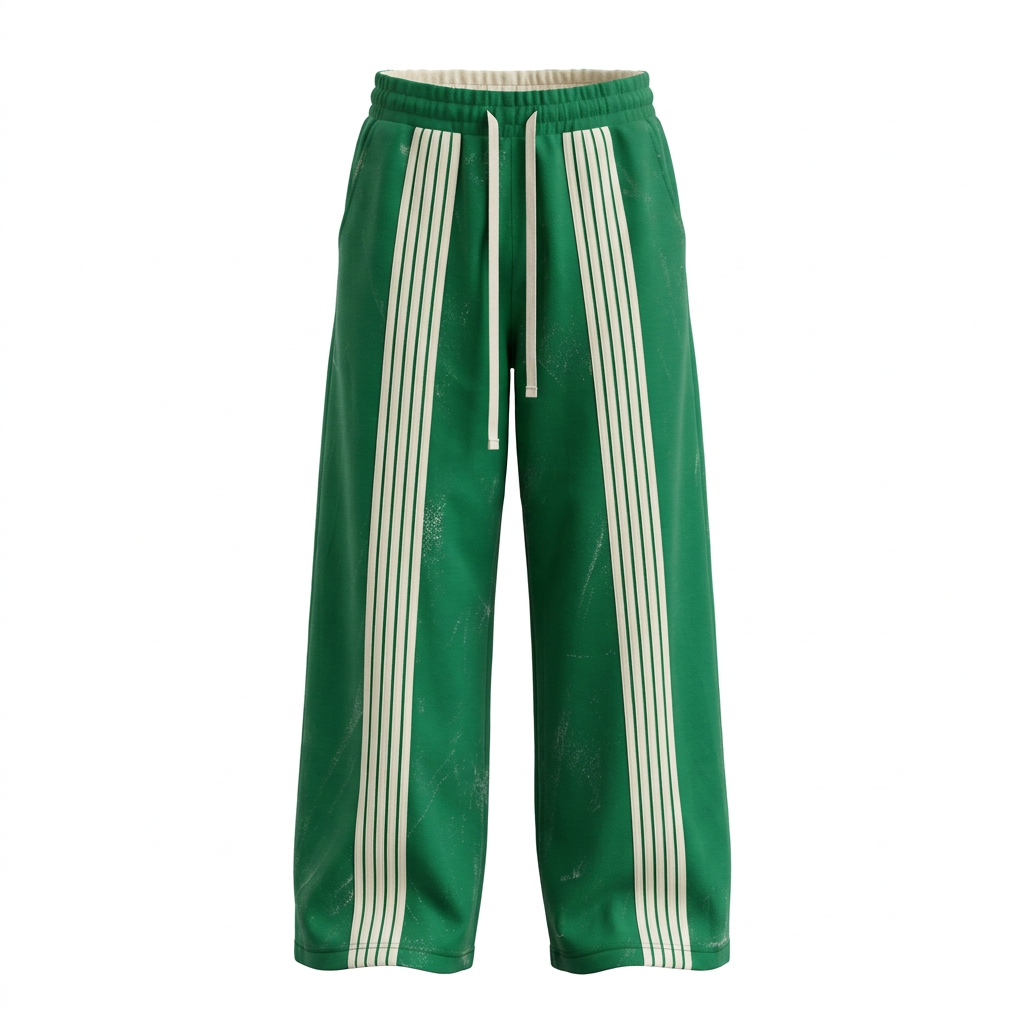 Green striped side of reversible wide-leg joggers in shaped ghost mannequin view
