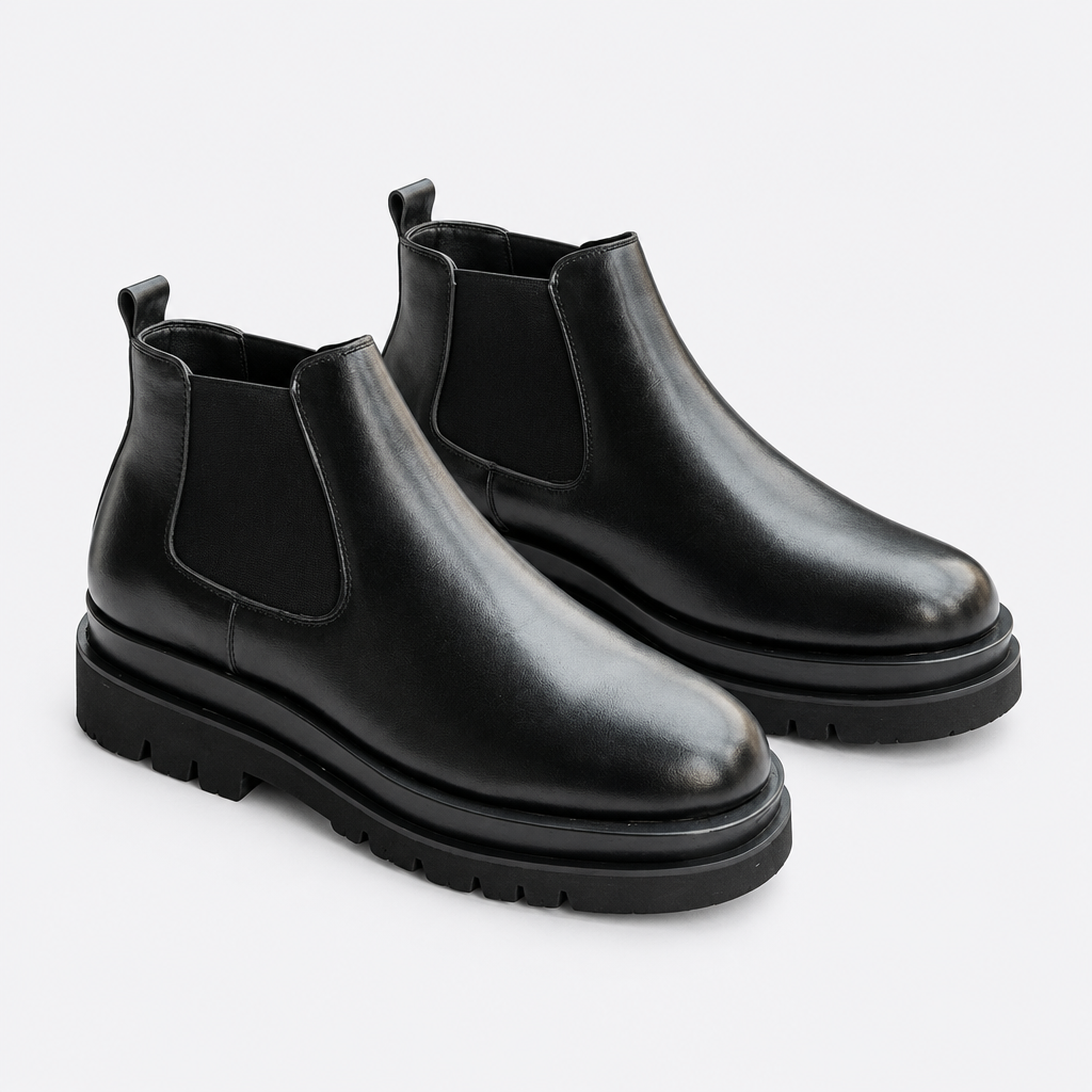 Black men's Chelsea ankle boots shown as a complete pair