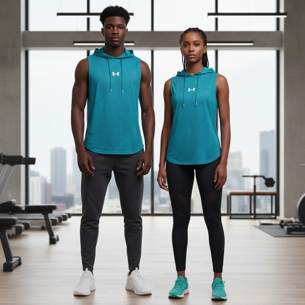 Under Armour teal sleeveless hoodie on male and female models