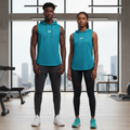 Under Armour teal sleeveless hoodie on male and female models