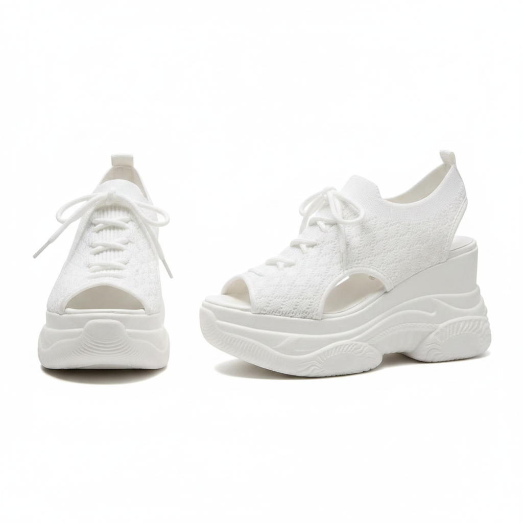 Pair of all-white peep-toe knit wedge sneakers with lace-up detail and chunky wedge sole on white background