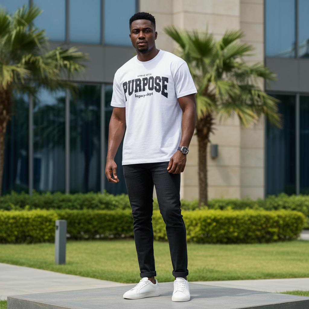 Nigerian male model wearing men's white collegiate slogan short-sleeve tee full body streetwear editorial shot