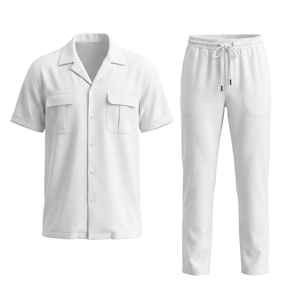 White men’s two-piece ghost mannequin image with shirt pocket detailing matched to the model image