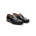 Men's all-black smooth leather penny loafers pair product shot