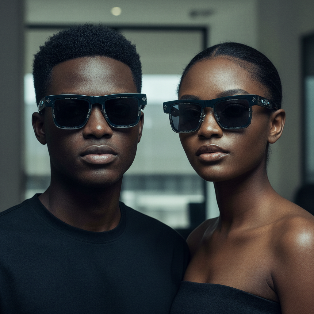 Square Half-Rim Sunglasses Navy Silver – Unisex Model Shot Together