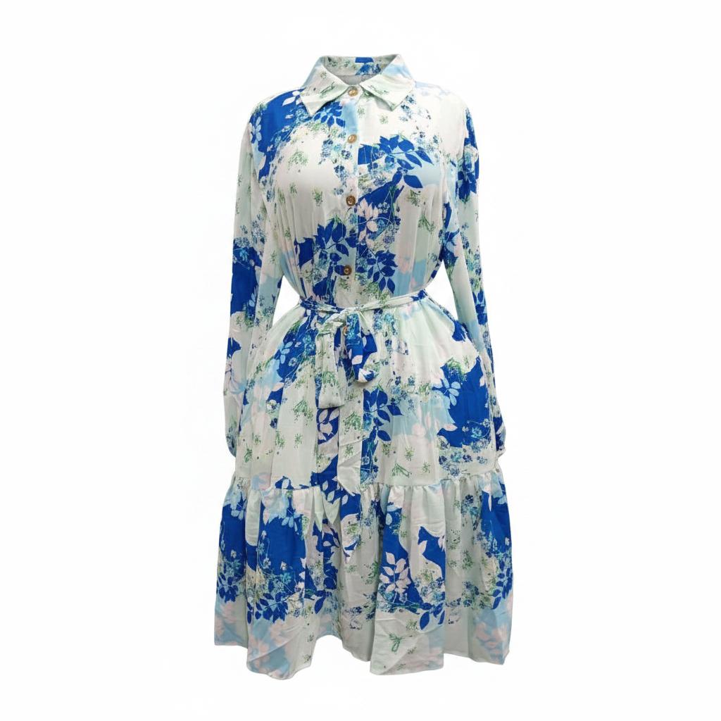 Bloom Midi Shirt Dress – Blue Floral Print – Ghost Mannequin