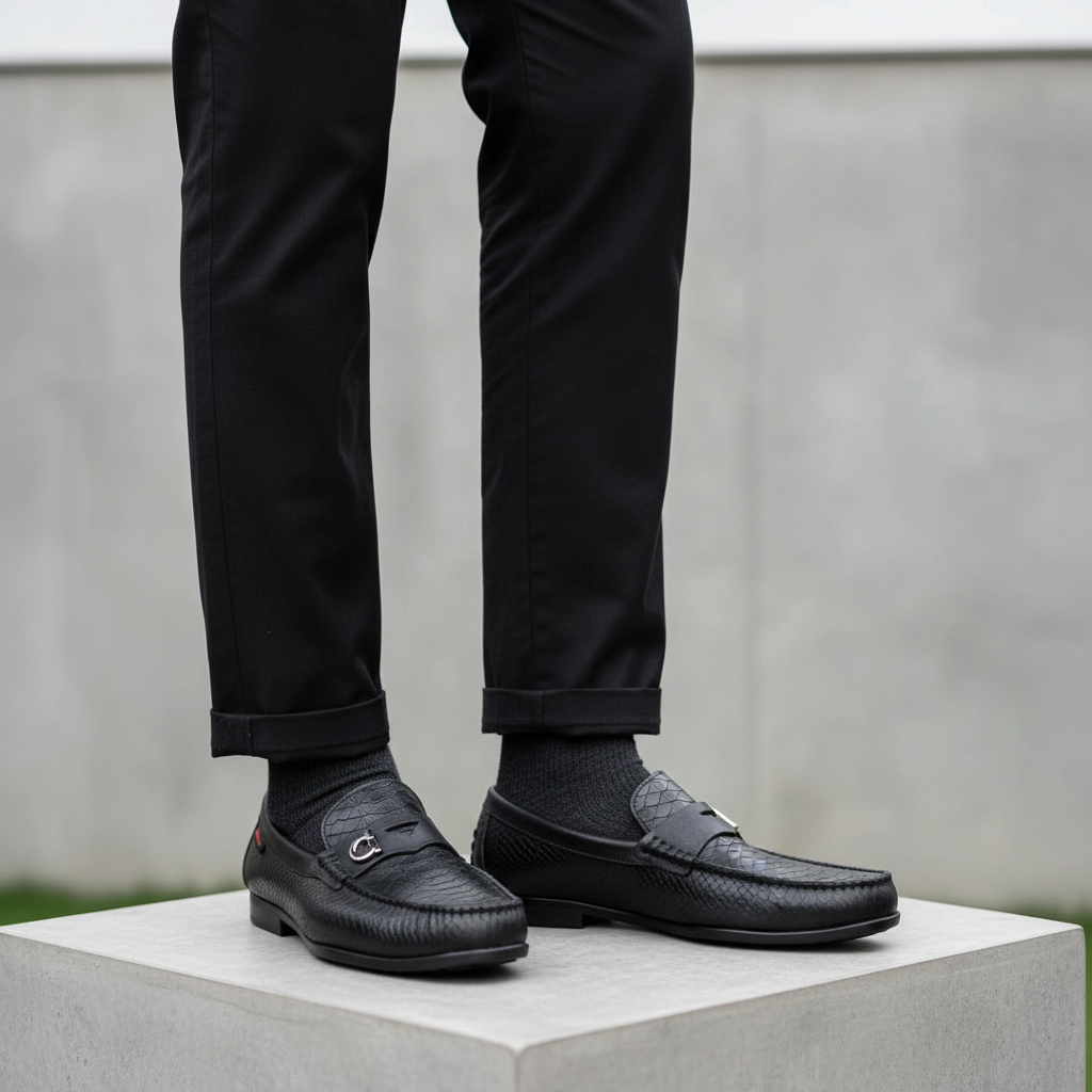 Nigerian male model leg focus shot wearing black python-embossed buckle loafers