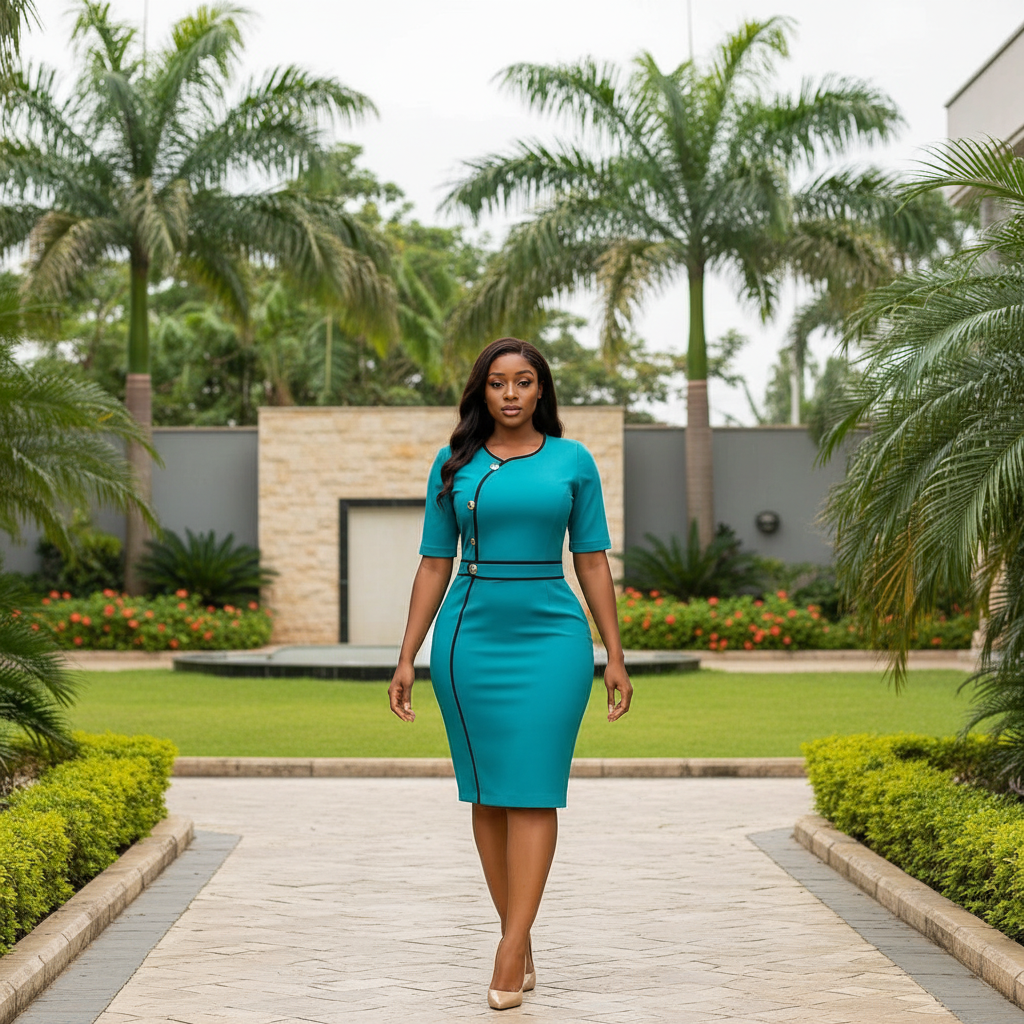Nigerian female model wearing women's teal black piping trim gold button bodycon midi dress