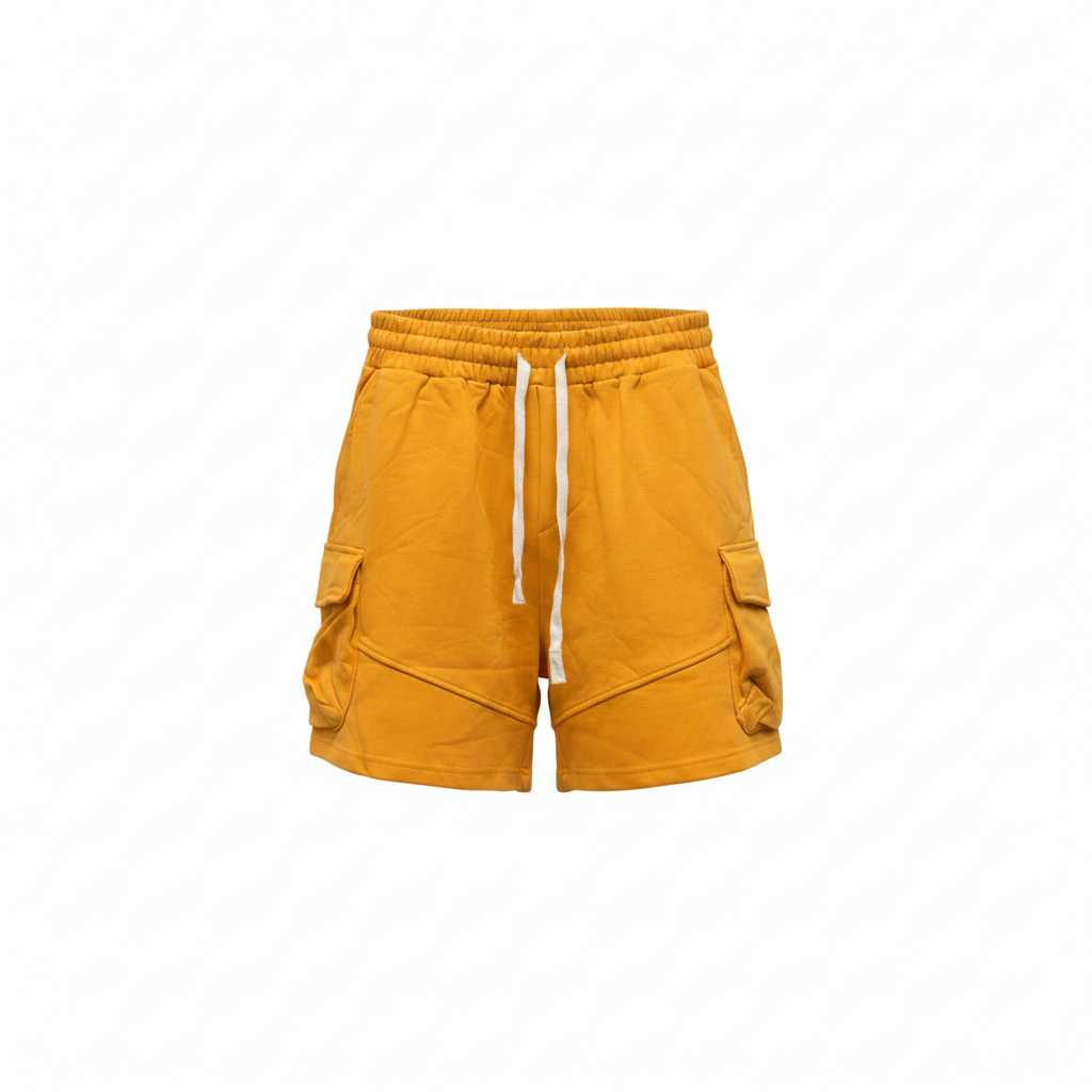 Men's mustard yellow utility cargo sweat shorts — ghost mannequin front view