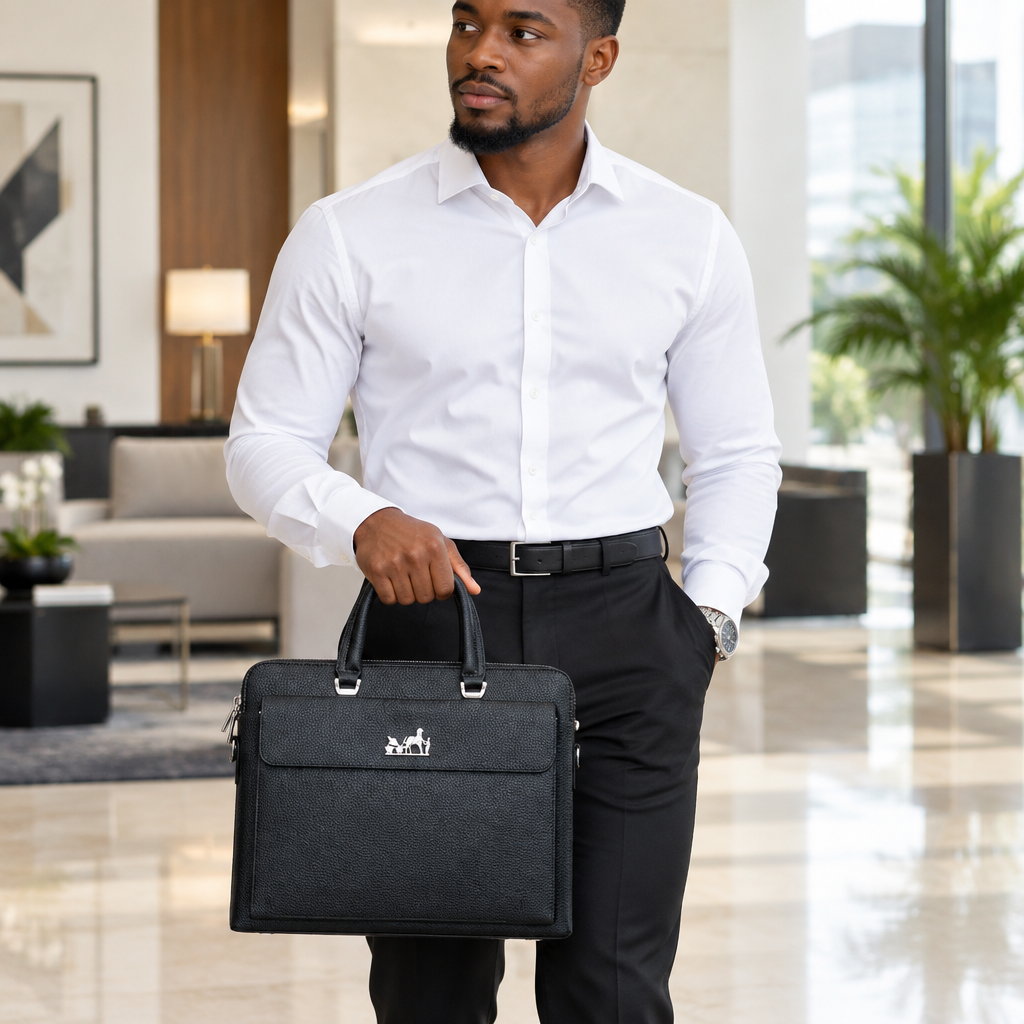 Black Grained Leather Executive Laptop Briefcase – Model Shot
