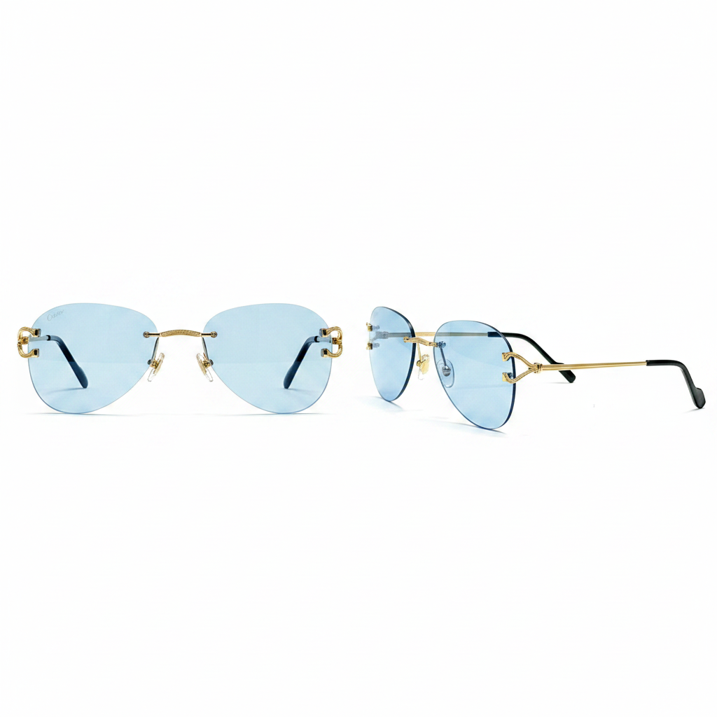 Unisex rimless aviator sunglasses with gold engraved bridge and ice blue lenses – front and side ghost mannequin view on white background