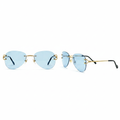 Unisex rimless aviator sunglasses with gold engraved bridge and ice blue lenses – front and side ghost mannequin view on white background