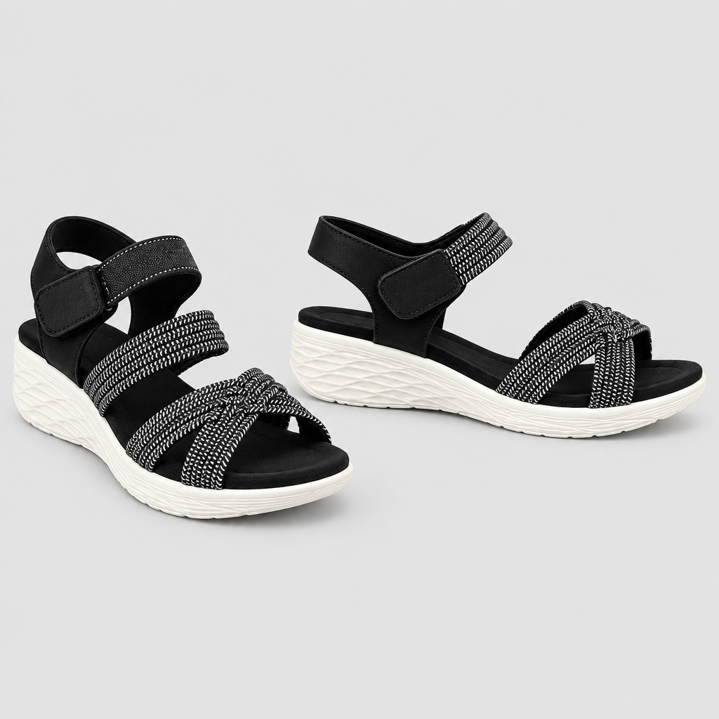 Black cross-strap wedge sandals product-only pair