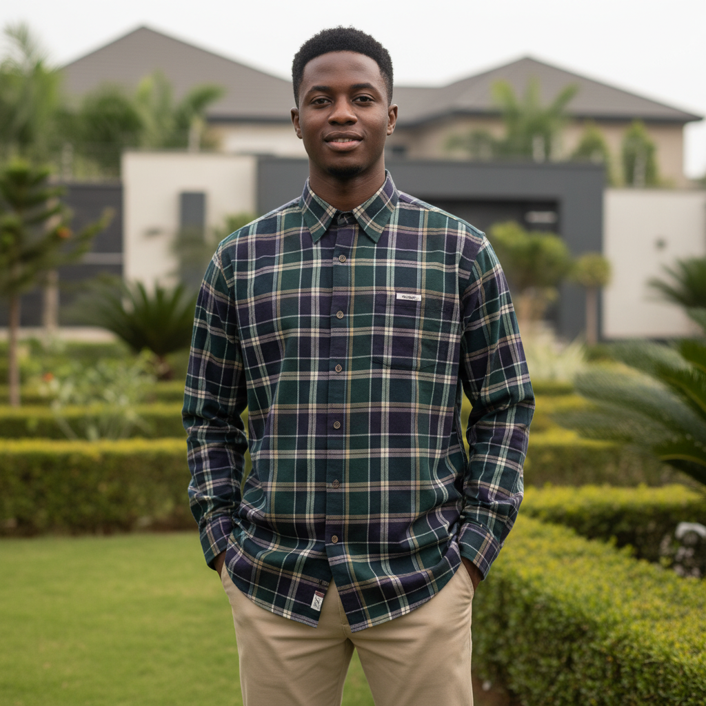 Young Nigerian male wearing forest green and navy tartan plaid long sleeve shirt