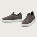 Men's grey and taupe panelled slip-on sneakers with white soles