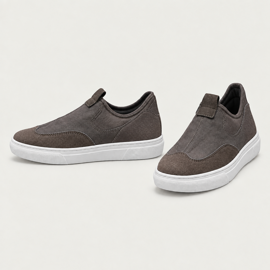 Men's grey and taupe panelled slip-on sneakers with white soles