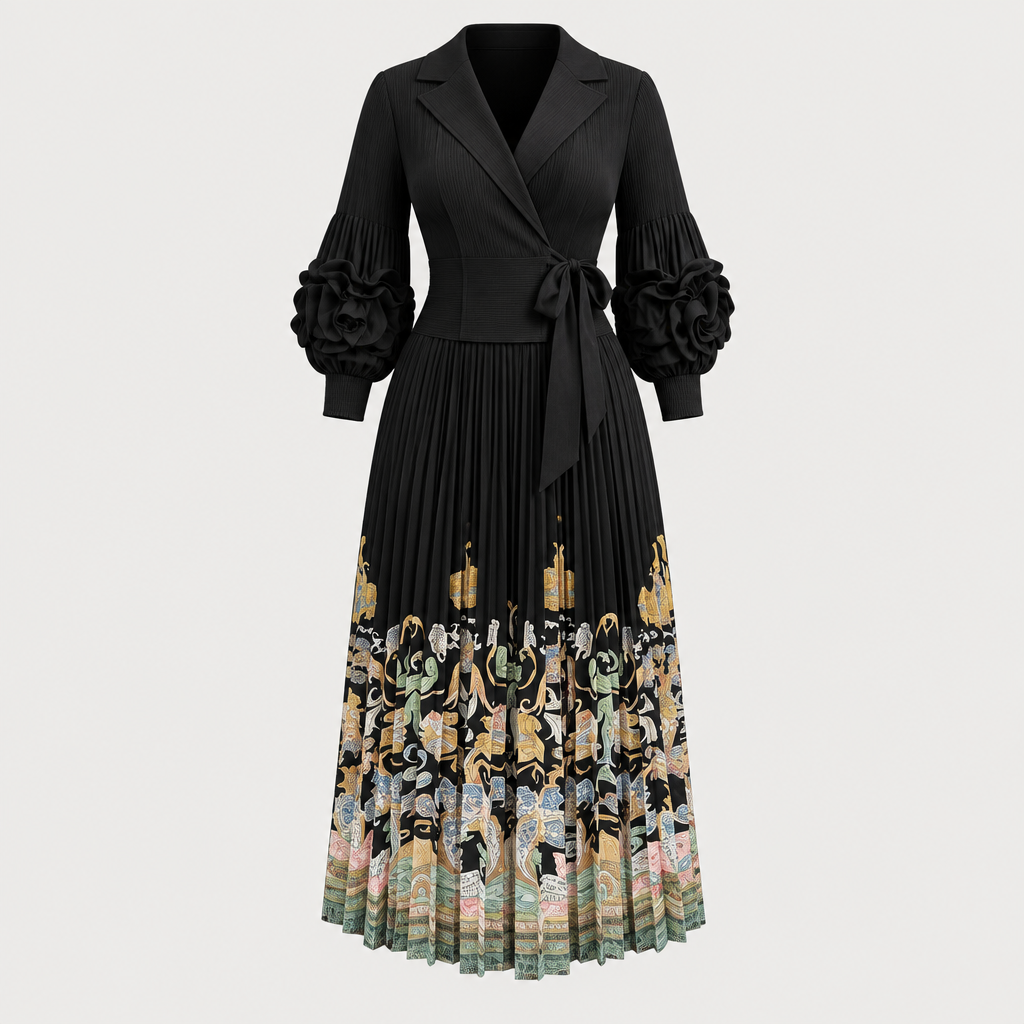Black pleated dress with multicolour printed hem on invisible mannequin