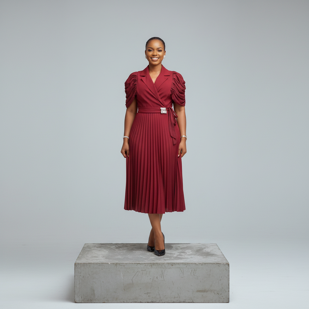 Wine Wrap Front Pleated Midi Dress - Model Shot
