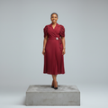 Wine Wrap Front Pleated Midi Dress - Model Shot