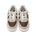 Nike Air Force 1 Low brown and beige two-tone sneaker ghost mannequin product shot, plain white background
