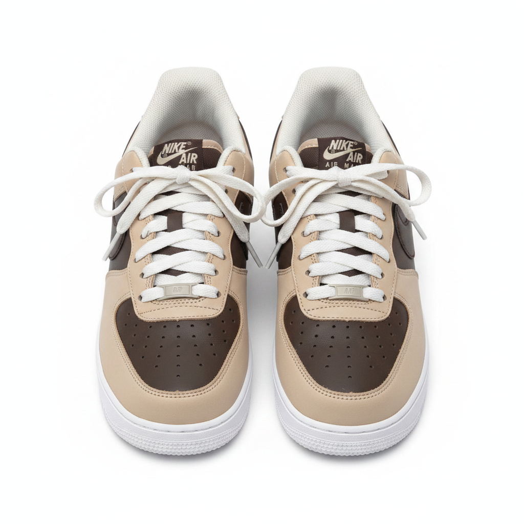 Nike Air Force 1 Low brown and beige two-tone sneaker ghost mannequin product shot, plain white background