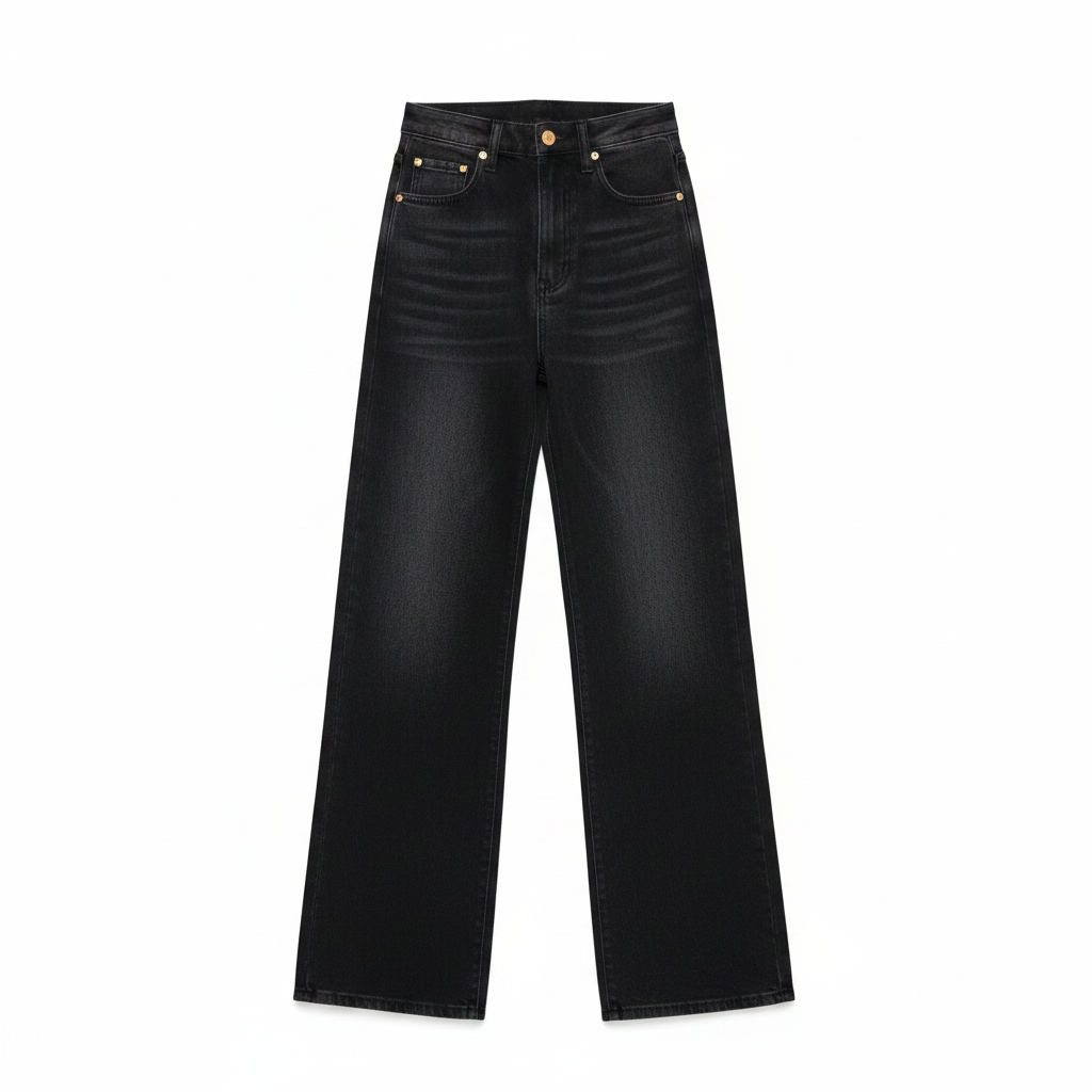 Black Washed Wide-Leg Straight Jeans - Ghost Mannequin Front