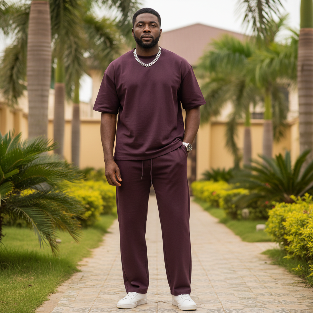 Nigerian male model wearing deep plum matching co-ord set outdoors