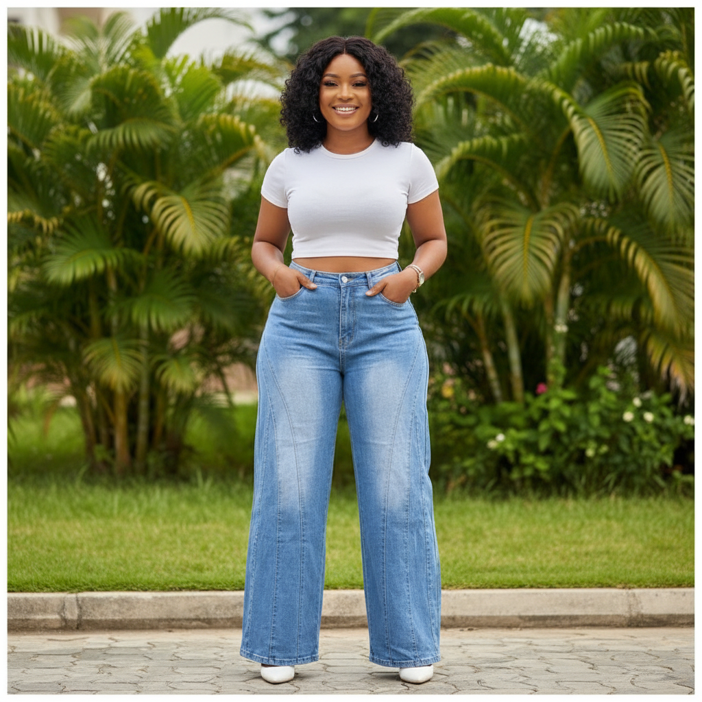 Nigerian female model wearing blue panel seam wide-leg flare jeans - front view