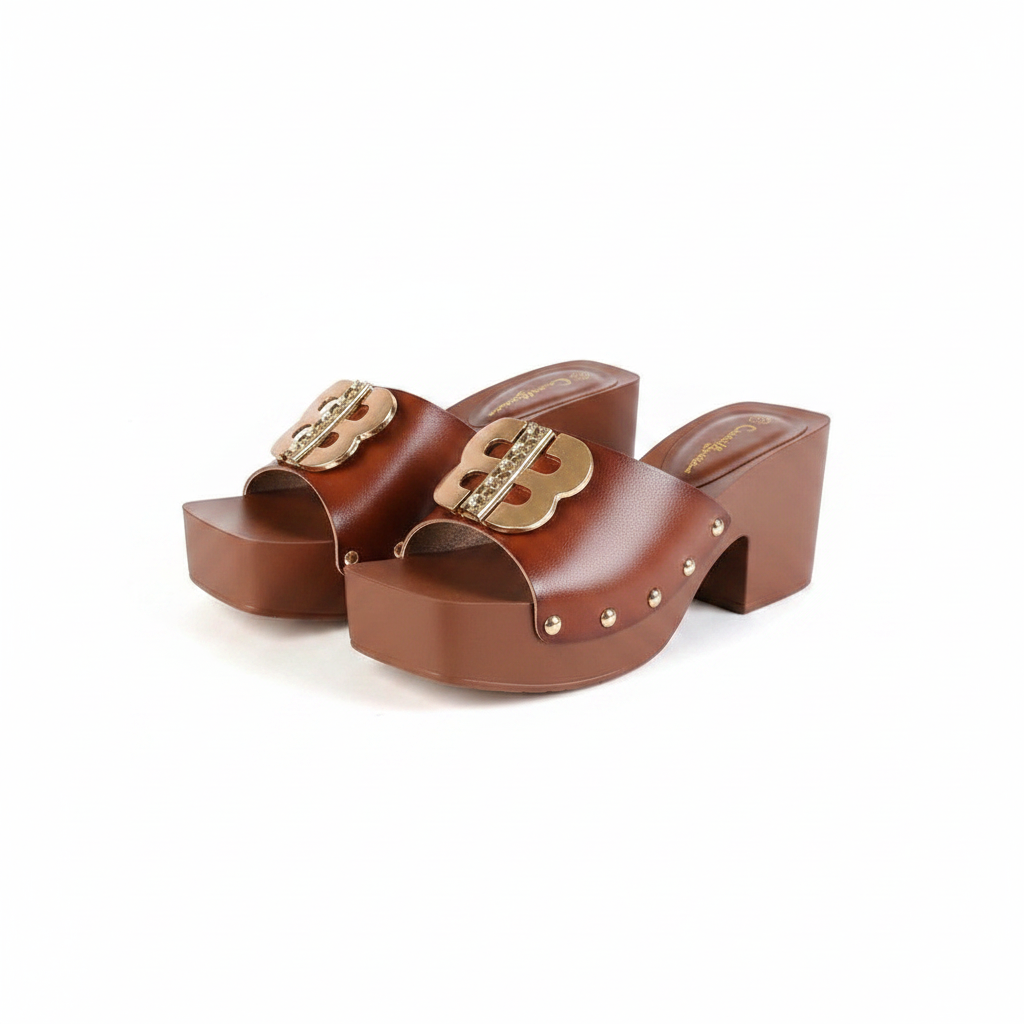 Ghost mannequin pair view of brown chunky platform block heel mules with gold logo buckle and studs