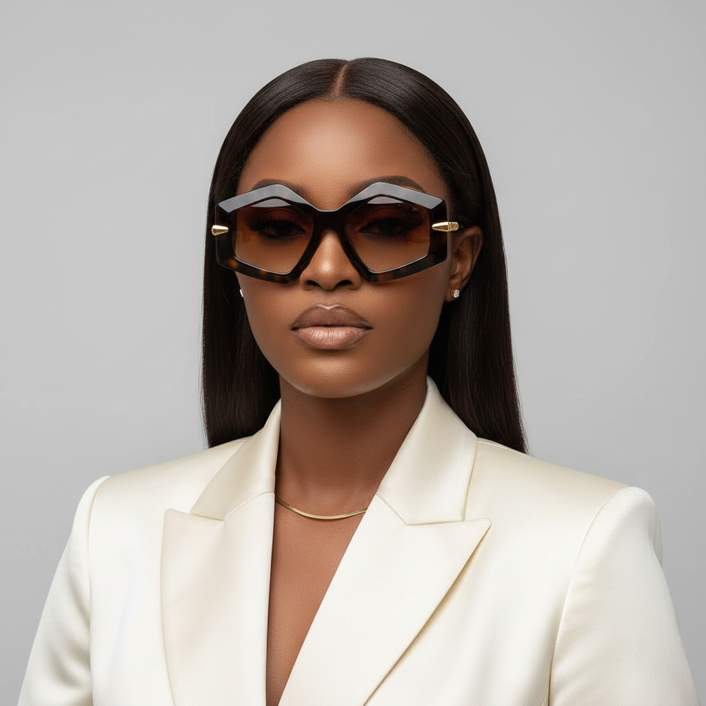 Nigerian female model with sleek weavon wearing oversized geometric tortoiseshell frame sunglasses with gradient amber lens – editorial medium shot professional grey background