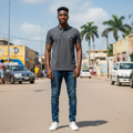 Young Nigerian male model wearing charcoal grey badge logo polo shirt