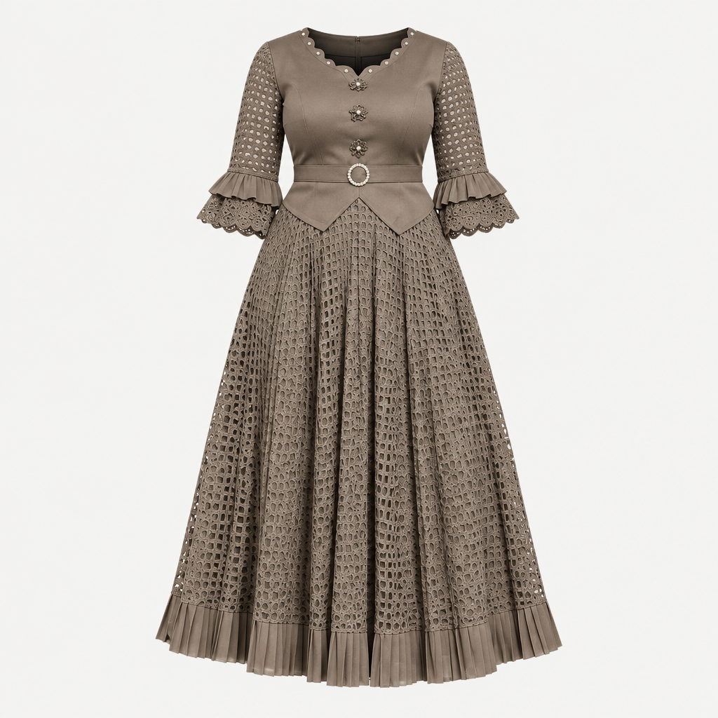 Ghost mannequin view of a taupe geometric gown with patterned sleeves and a belted waist