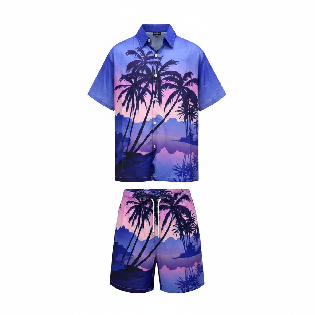 Men's sunset gradient tropical print beach co-ord set shirt and shorts ghost mannequin view