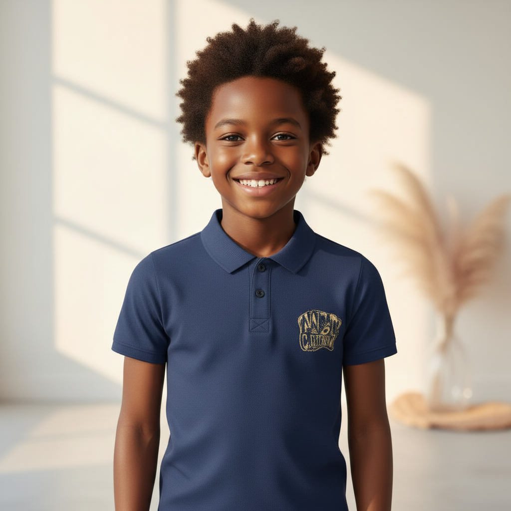 Nigerian boy model wearing navy graphic polo shirt