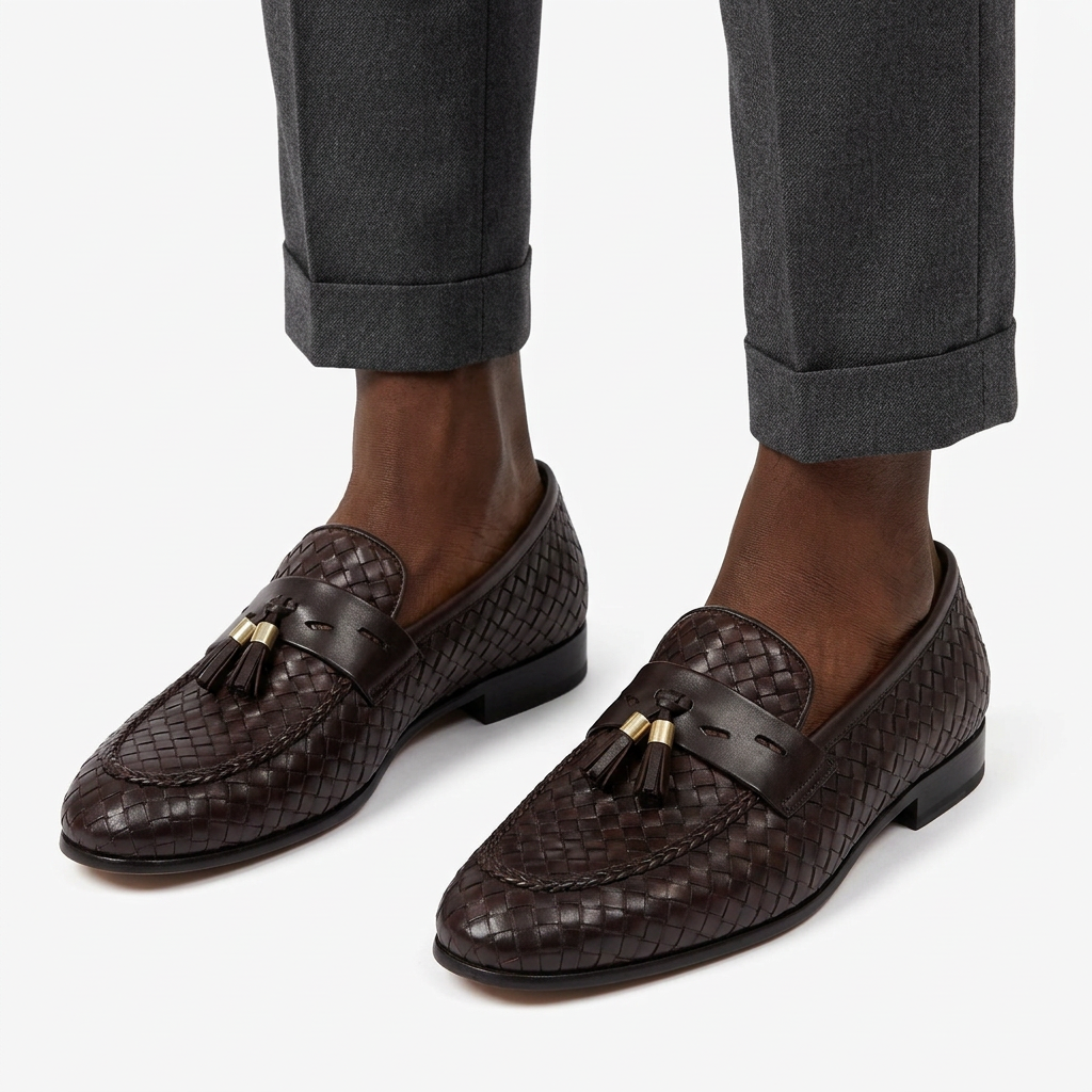 Both dark brown woven tassel loafers worn with charcoal trousers on white