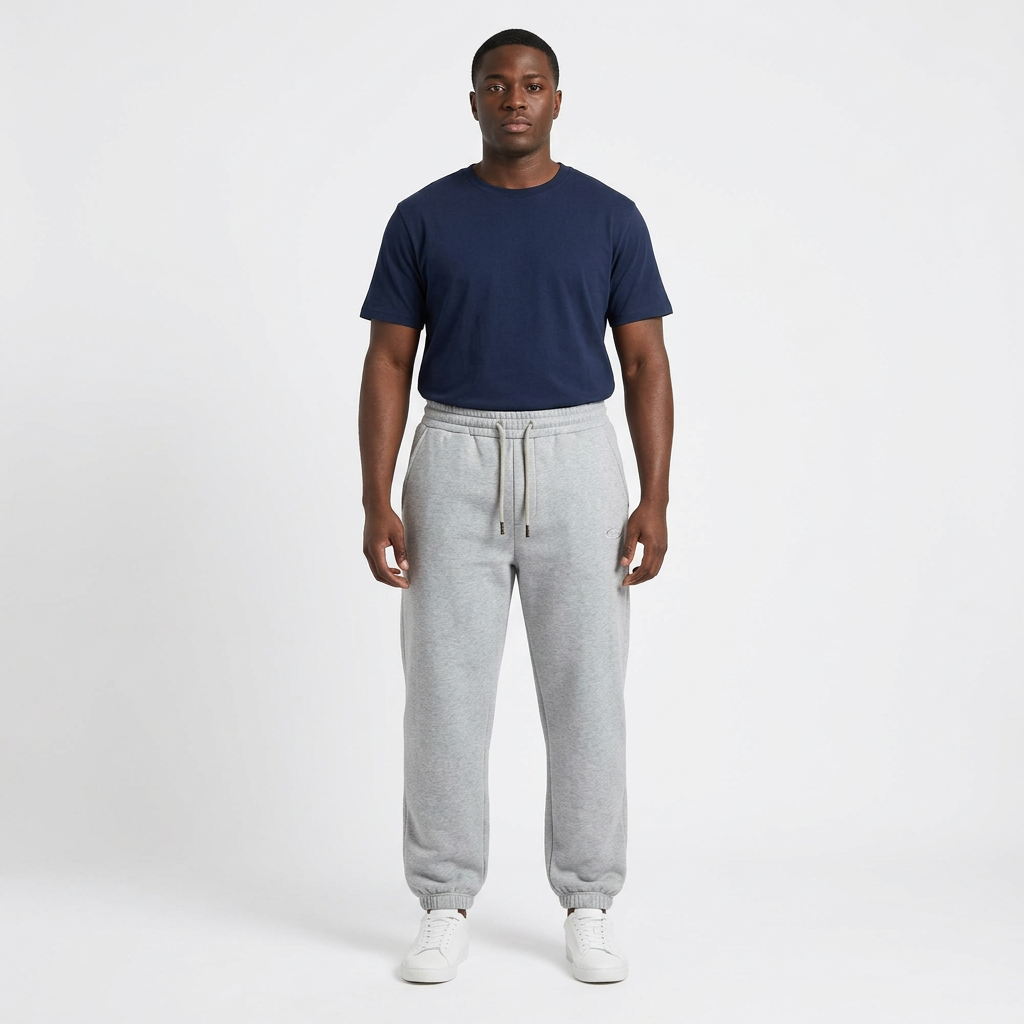 Adult Black model wearing light grey marl cuffed drawstring joggers
