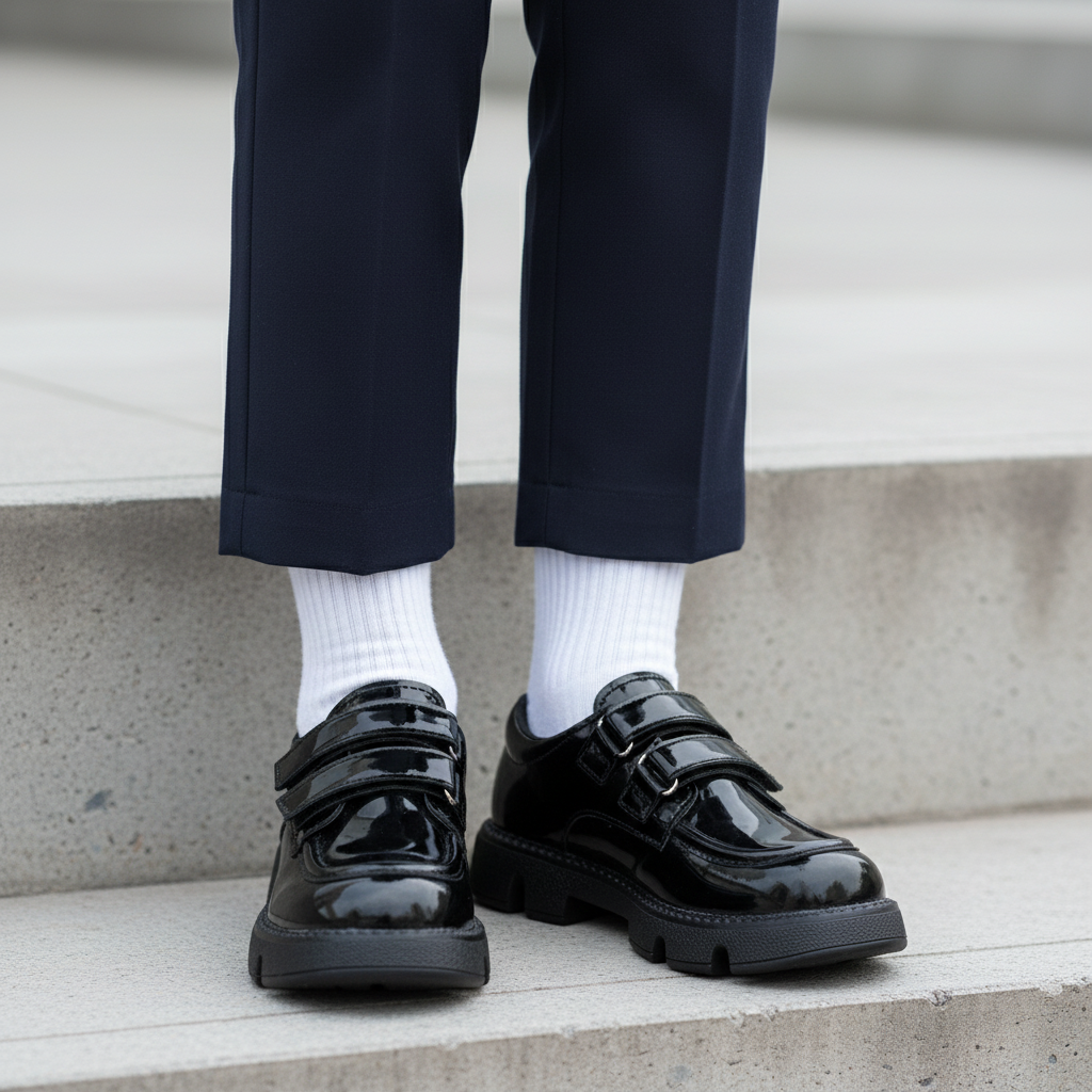 Leg focus shot of black patent chunky loafer school shoes with double velcro straps worn with school trousers