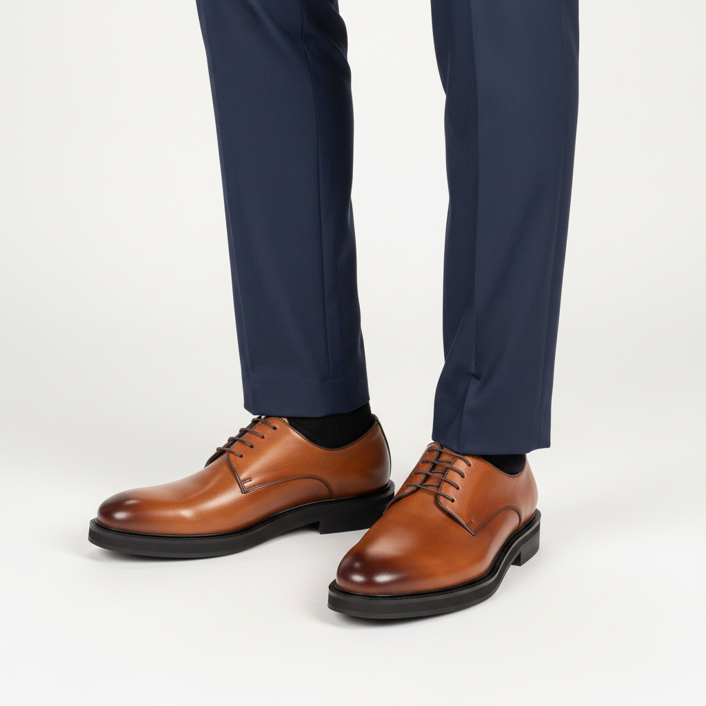 Man wearing tan leather derby shoes with navy dress trousers